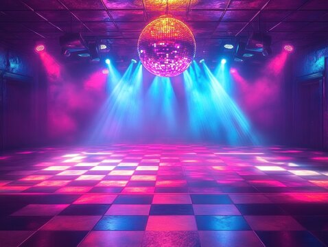 Empty retro disco dance floor with mirrored disco ball, checkerboard tiles, colorful blue and pink spotlights, smoky atmospheric energetic vibe