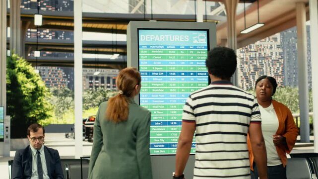 Realistic commuter life featuring people moving through bus terminal, checking departure screen. Diverse travelers use convenient bus connections and urban transit routes for weekday mobility.