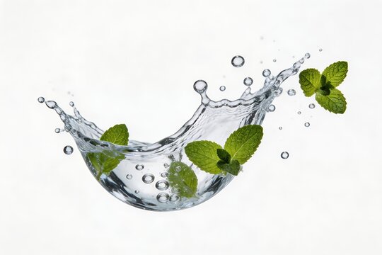 purity. Fresh water splash with green leaves and bubbles. hygiene products, mineral water, designed for natural skin care and detox program ads.