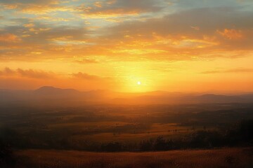 Fototapeta premium golden sunset over rolling fields and distant hills with glowing sky and scattered clouds, peaceful tranquil atmosphere