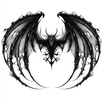symmetrical ink illustration of a menacing dragon with tattered wings forming a heart-like silhouette, intricate horns, spines and dark ornate detailing conveying ominous intensity
