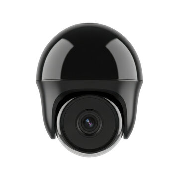 Black dome security camera on white surface isolated on transparent background