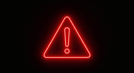 Exclamation mark warning sign glowing in bright red neon light representing danger caution risk alert and security notice concept