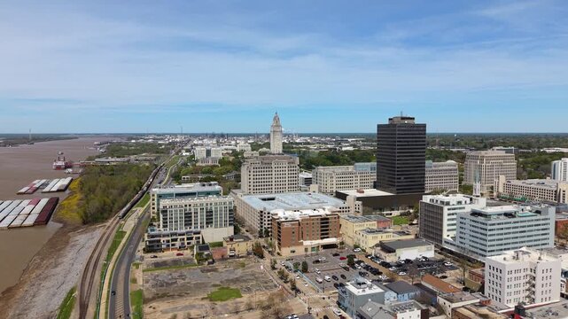 Louisiana State Capitol rising above Baton Rouge skyline. Scenic aerial view of government district and urban development in the USA.
