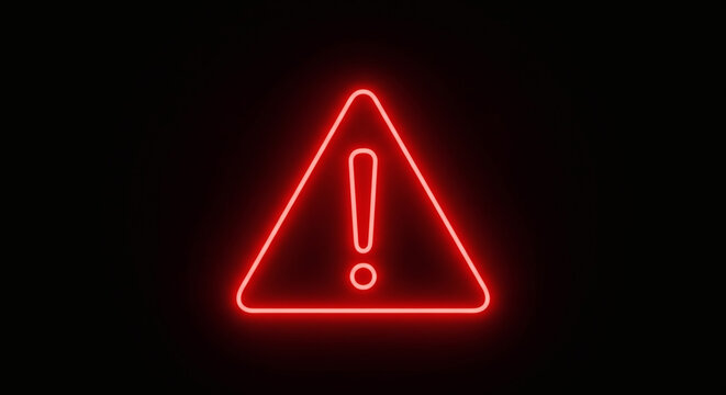 Exclamation mark warning sign glowing in bright red neon light representing danger caution risk alert and security notice concept