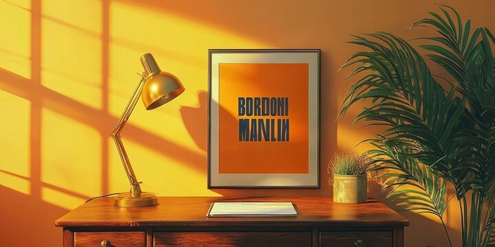 sunlit wooden desk with brass lamp, framed orange poster, potted palm and small plant casting warm cozy shadows