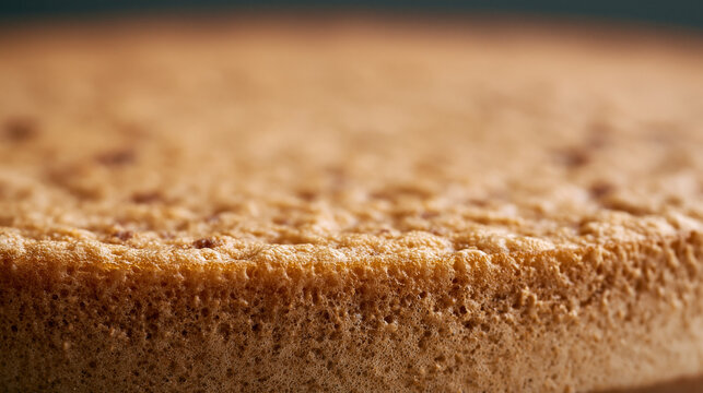 Close up of golden brown sponge cake texture with a soft focus background showing a light brown surface