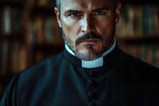 close-up of a clergyman's black cassock and white clerical collar in a dim library with a solemn, contemplative mood
