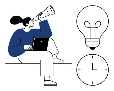 Time management concept. Illustration of a person using a laptop and telescope with lightbulb and clock icons. Time management highlights productivity, innovation, and goal setting. For education