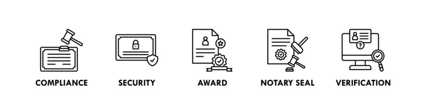 Certification banner web icon illustration concept with icon of compliance, security, award, notary seal, and verification