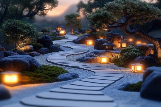 serene winding stone path through illuminated rock garden at dusk with glowing lanterns, trimmed bonsai trees, moss and gravel creating a peaceful, contemplative atmosphere