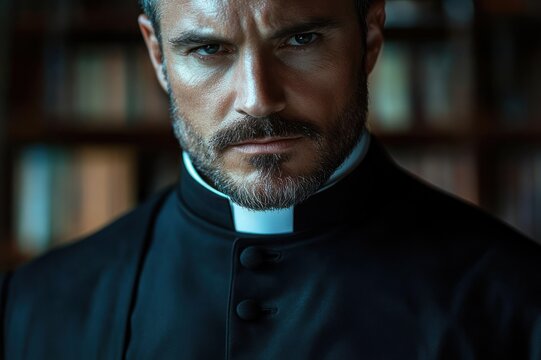 close-up portrait of a solemn bearded priest in a dark cassock and clerical collar with an intense stern gaze in a moody library setting