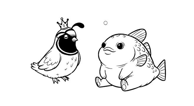 Royal quail with crown and round sitting fish
