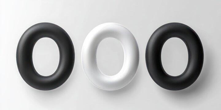 Three floating concentric torus rings on a soft gray background &mdash; two dark rings flanking a white ring, minimalist balanced and serene composition