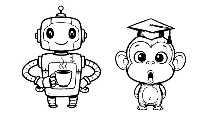 Friendly coffee robot and graduate monkey character