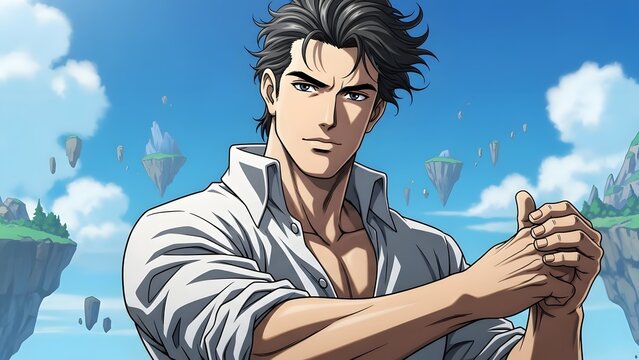 Anime man with dark hair and white shirt in a fantasy sky with floating islands.