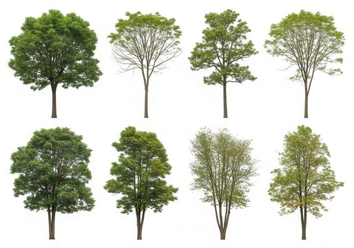 Collection of eight different green trees isolated on a white background for architectural visualization and landscape design.