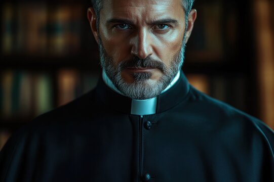 Somber close-up of anonymous clergy torso wearing a black cassock and white clerical collar in front of blurred bookshelves, moody low-key lighting conveying solemn mystery