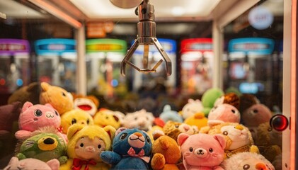 Fototapeta premium Closeup medium shot of a claw machine stuffed animal wall highlighting the claw mechanism and plush toys inside with the background of other machines softly out of focus.