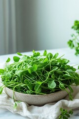 Fototapeta premium bowl of fresh green microgreens on a white linen cloth on a sunlit table, bright and fresh