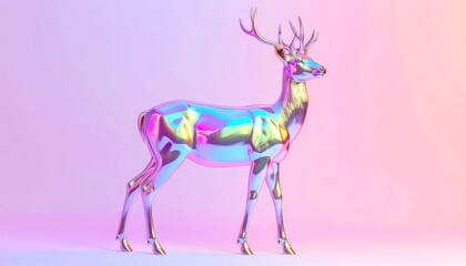 Obraz premium Iridescent Glass Deer Standing on Pastel Pink Studio Background