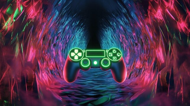 neon green glowing game controller floating in a vibrant magenta and teal tunnel, futuristic cyberpunk atmosphere conveying immersive excitement and electric energy