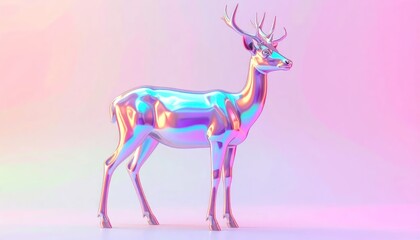 Fototapeta premium Iridescent Metallic Deer Standing in Pastel Pink Studio Setting