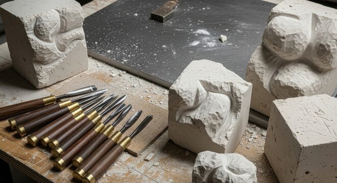 Sculpture chisels carving stone blocks with rough texture and detailed relief