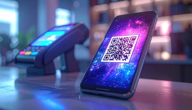 Smartphone displaying QR code next to payment terminal for contactless transaction.