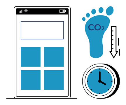 Environmental awareness, carbon emissions tracking, sustainability, eco-friendly apps, time efficiency, carbon reduction. Mobile app interface, clock CO2 footprint icon with arrow. Carbon emissions