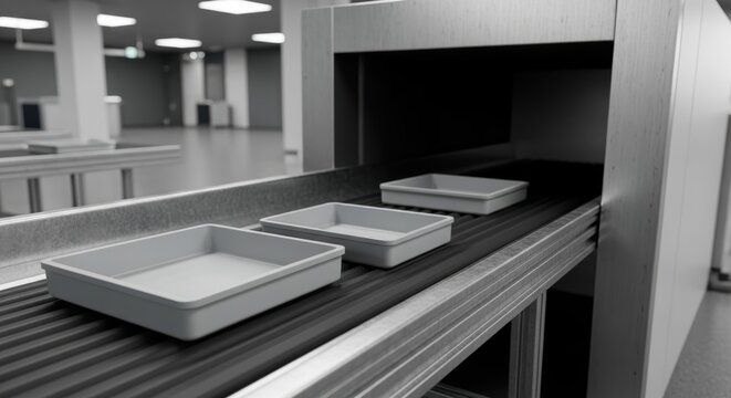 Conveyor trays moving through scanner in processing facility with industrial equipment