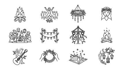 Obraz premium Summer Celebration Icons: Bonfire, Dancing, Maypole, Feast, Guitar, Wreath, Lanterns