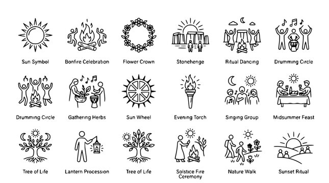 Summer Solstice Rituals: Sun, Bonfire, Stonehenge, Dancing, Feasting, Nature Icons