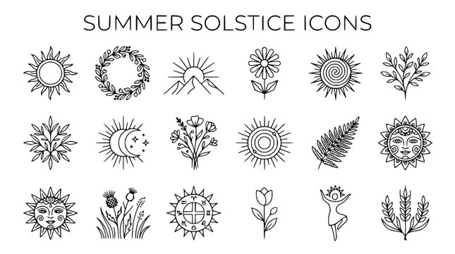 Summer Solstice Icons Collection: Sun, Moon, Flowers, Nature Elements, Boho Style