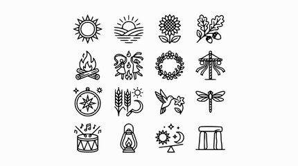Fototapeta premium Summer Solstice Icons: Sun, Nature, Celebration, Pagan Symbols