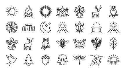 Nature Icons Set: Sun, Forest, Animals, Seasons, Mystical Symbols - Line Art Collection © Embun
