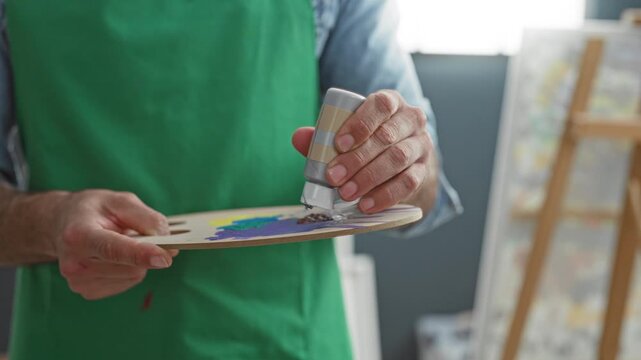 Man painter squeezes paint tube onto wooden palette in studio, hand pressing cap as silver paint pools on palette; quiet concentration.