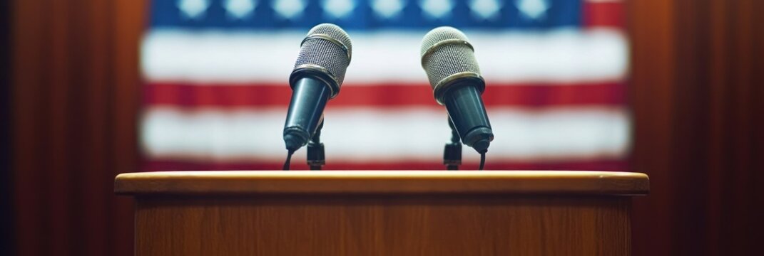 Empty wooden podium with two microphones and a blurred red, white and blue stars and stripes background, evoking anticipation and solemn formality