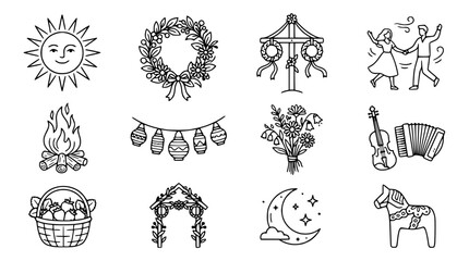 Obraz premium Summer Solstice Celebration Icons: Sun, Dance, Fire, Flowers, Accordion, Horse, Moon