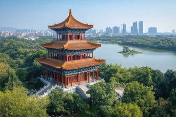 Fototapeta premium three-tiered traditional pagoda pavilion with orange tiled roofs and red columns rising above green trees beside a calm lake with a small island and distant modern city skyline, serene and majestic