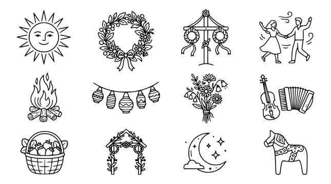 Summer Solstice Celebration Icons: Sun, Dance, Fire, Flowers, Accordion, Horse, Moon