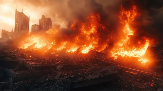 Roaring inferno consuming urban rubble as towering buildings loom through thick smoke, an overwhelming scene of devastation and chaos