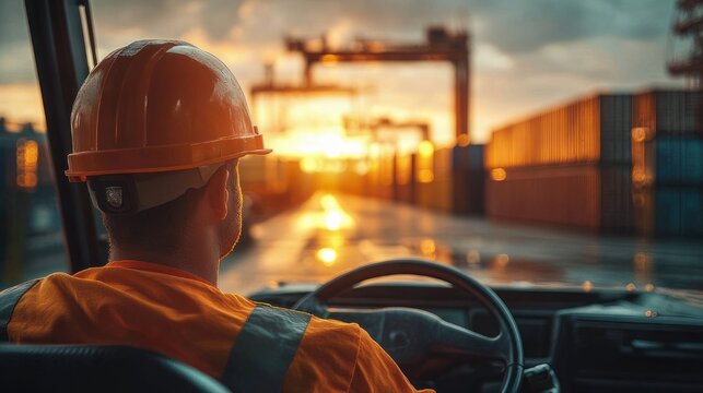worker in hard hat and reflective vest at the steering wheel inside a cab, looking out over stacked shipping containers and gantry cranes at sunset, calm and determined