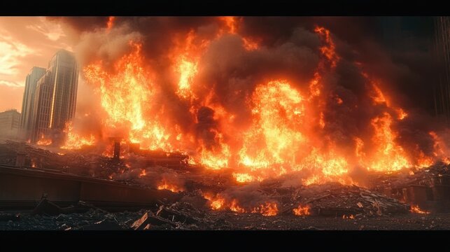 Skyscrapers silhouetted behind a massive inferno consuming rubble and collapsed structures, towering flames and thick black smoke create an apocalyptic scene of catastrophic destruction