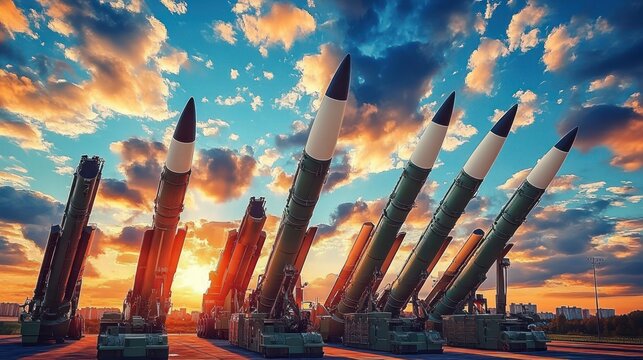 row of large ballistic missiles mounted on mobile launchers at sunset beneath a dramatic cloud-filled sky with city skyline in background, powerful and ominous stance