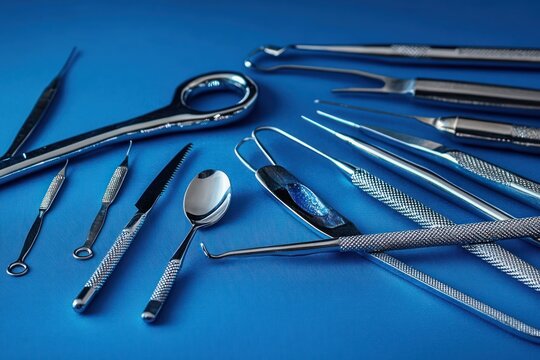 assorted stainless steel dental instruments and tools on blue surface, gleaming and clinical, conveying precision, sterility, and professional readiness