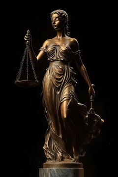 bronze statue of a robed female figure holding scales and a sword, poised and solemn with flowing drapery and dramatic lighting conveying authority and justice