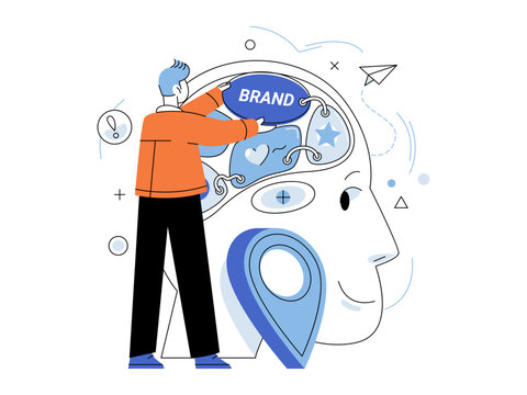 Man placing a brand tag into a human head profile vector illustration. Brand awareness, marketing strategy, consumer psychology, identity, advertising, growth. Person inserting label into mind