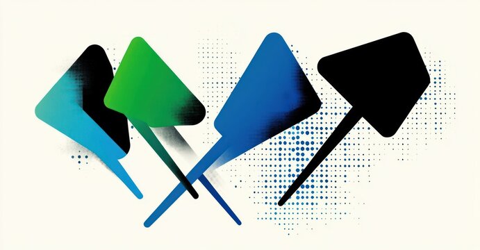 five angular paddle-like shapes with long stems in blue, green and black, overlapping with halftone dot accents conveying dynamic modern motion