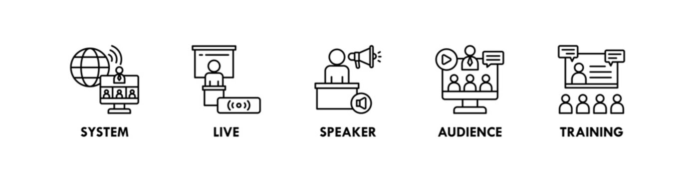 Webinar banner web icon illustration concept with icon of system, live, speaker, audience, and training
